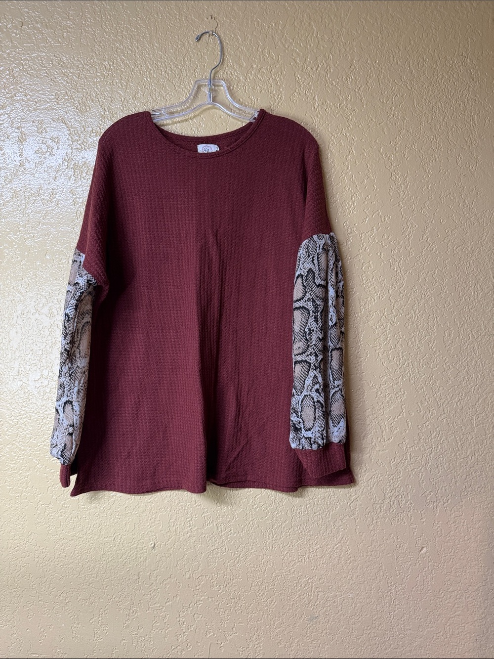 Waffle Knit Long Sleeve Top with Snake Print Sleeves - Maroon